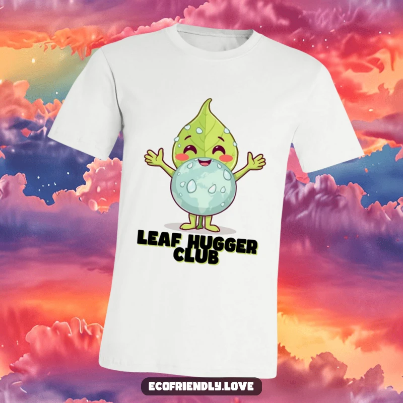Funny leaf t-shirt depicting a happy leaf character embracing a dew-covered globe, symbolizing a profound connection and gentle care for our world.