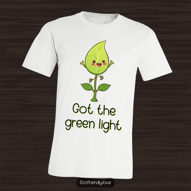 Funny leaf t-shirt depicting a happy character leaping energetically over a green sprout, symbolizing growth and outdoor fun.