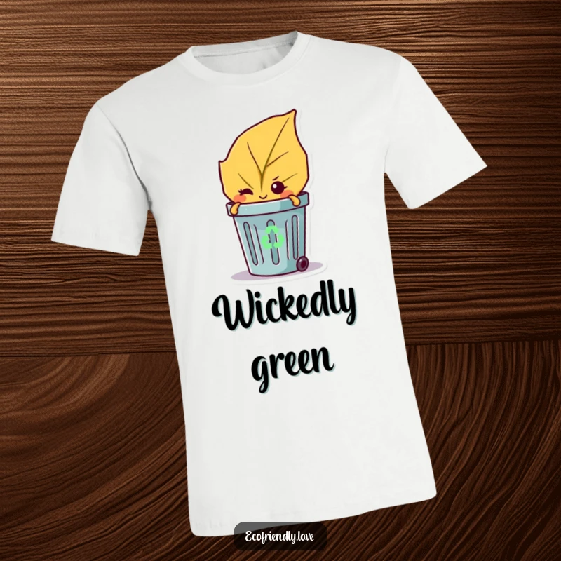 Funny t-shirt featuring a mischievous leaf character peeking from a recycling bin with a knowing wink.