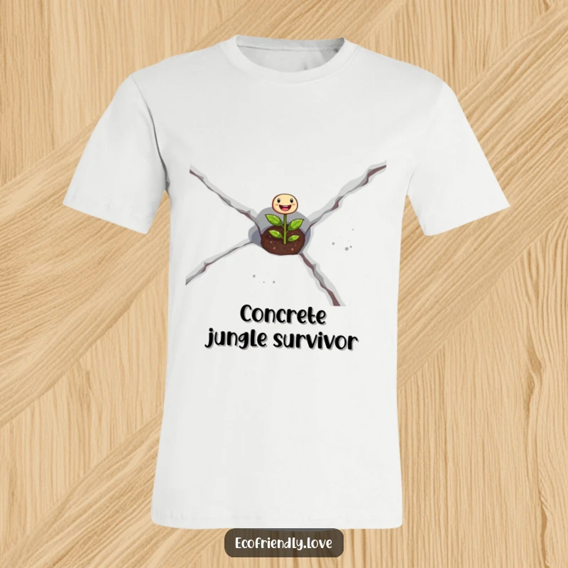 Funny seedling t-shirt featuring a joyful sprout pushing through concrete, representing resilience and new beginnings.