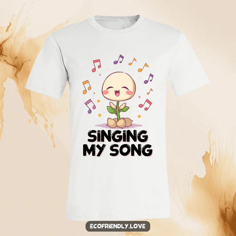 Funny singing seedling t-shirt, surrounded by musical notes, eyes closed in delight, a harmonious design, perfect funny gift.