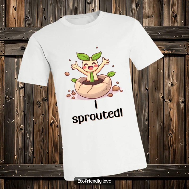 Funny t-shirt depicting a small sprout character emerging from a seed, arms spread in happy surprise.