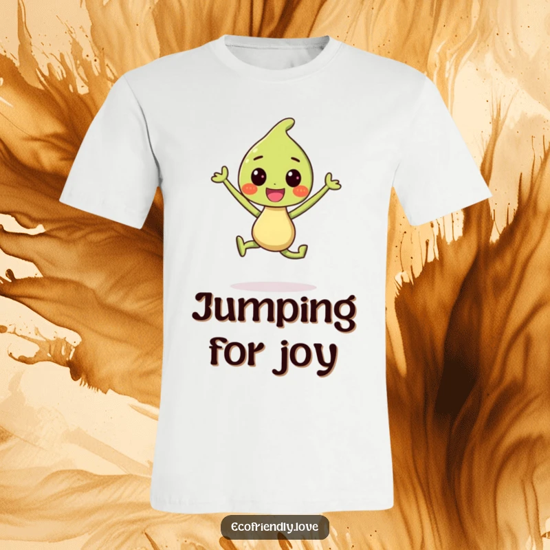 Funny T-Shirt: A smiling sprout character in mid-air, celebrating with a joyful jump, exuding happiness.