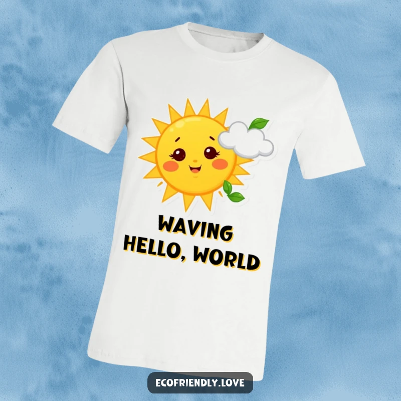 Funny Sun and Cloud T-Shirt: A whimsical design of a sunny yellow sun with starry eyes waving a green leaf at a smiling, fluffy cloud.