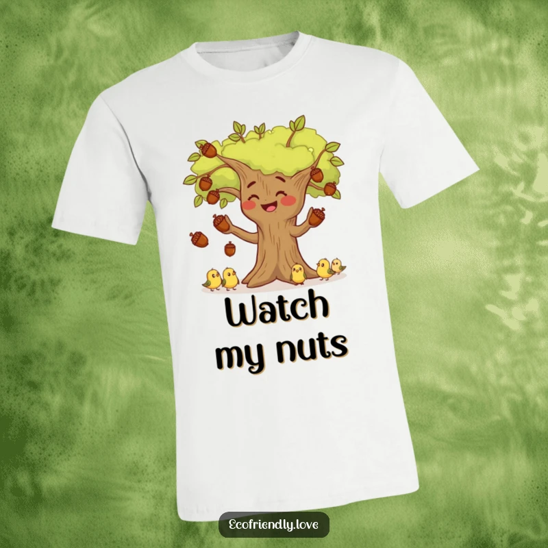 Funny, smiling tree character juggling acorns high in the air while small birds observe excitedly, printed on a soft, funny t-shirt.