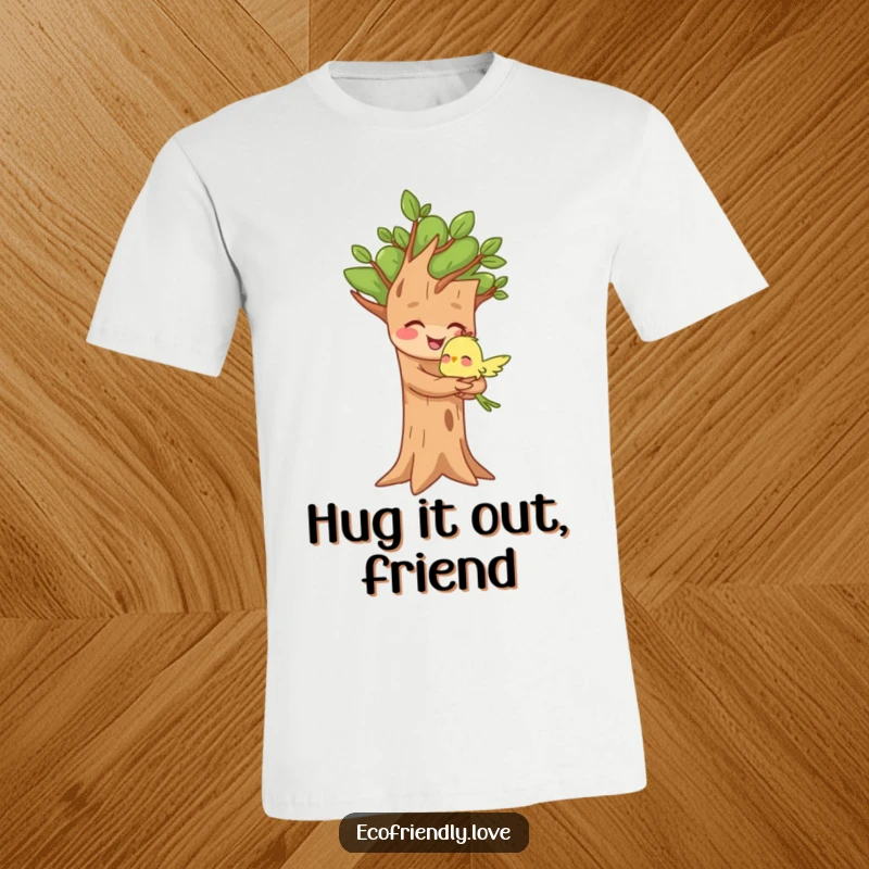 Funny t-shirt featuring a joyful tree character giving a warm hug to a small bird, highlighting themes of friendship.