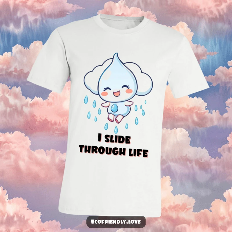 Funny T-Shirt: A water droplet character gleefully slides down a rain cloud, symbolizing refreshing fun and joy, a perfect funny gift.