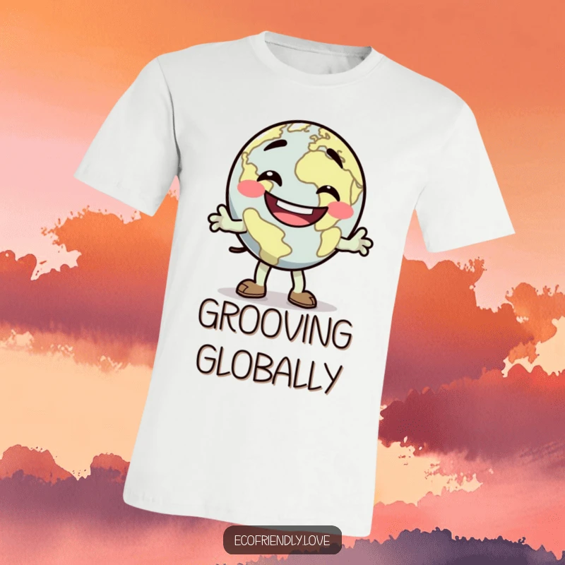 Funny dancing Earth t-shirt, goofy grin, doing a silly jig, a humorous and energetic design, perfect funny gift.