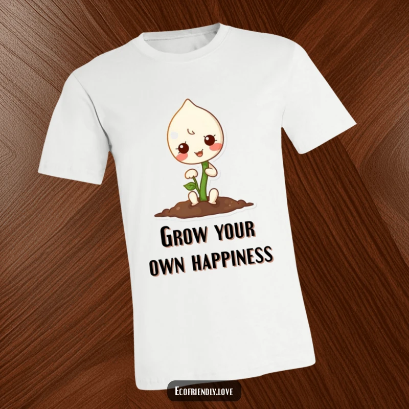 Funny T-shirt with an adorable kawaii sprout character happily planting a tiny seed, promoting growth and cheer.