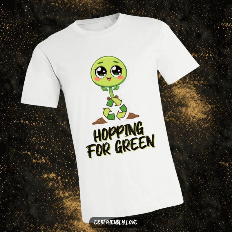 Funny sprout t-shirt depicting a happy green sprout character with large eyes leaping over a recycling symbol, celebrating planet-friendly action.
