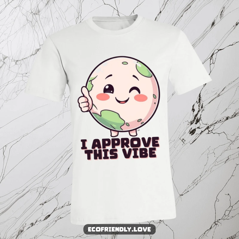 Funny t-shirt showcasing a jovial planet character with a big smile and raised thumb, symbolizing approval and a happy outlook.