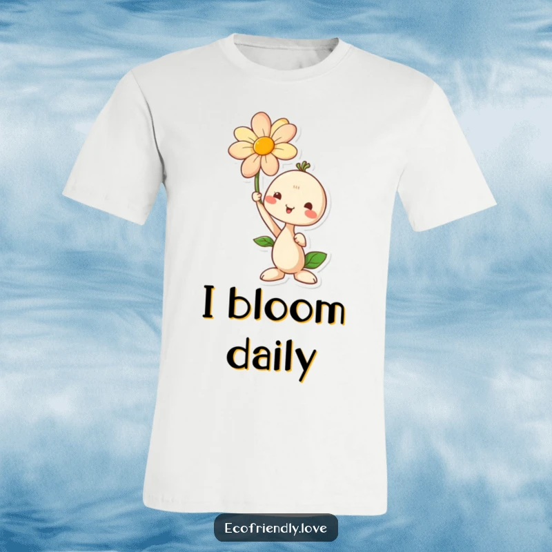 Funny t-shirt with a cute seedling character proudly holding a beautiful blooming flower, celebrating personal growth and achievement.