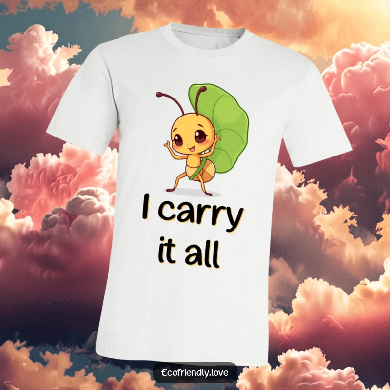 Funny ant t-shirt featuring a little character triumphantly carrying a large leaf, representing incredible strength and dedication.