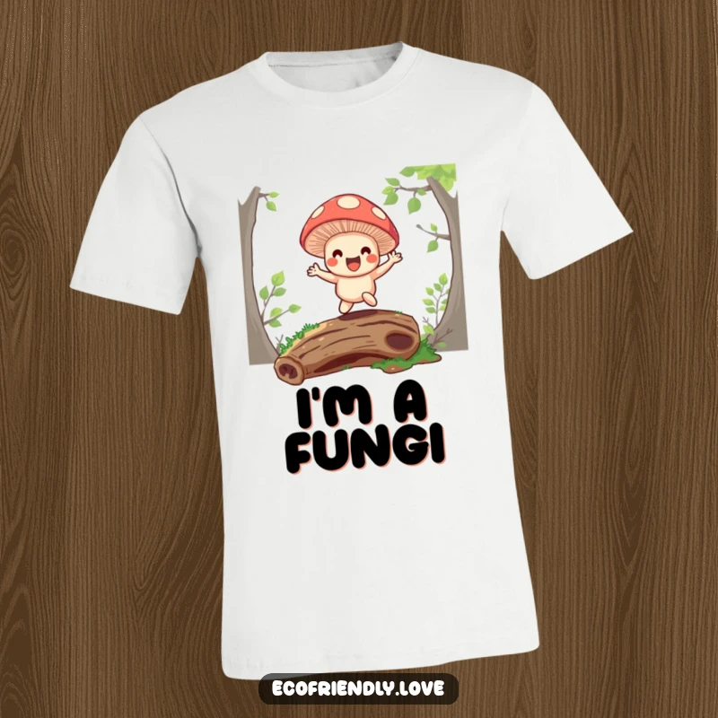 Funny t-shirt showing a happy mushroom character energetically bouncing on a mossy log, radiating woodland cheer.