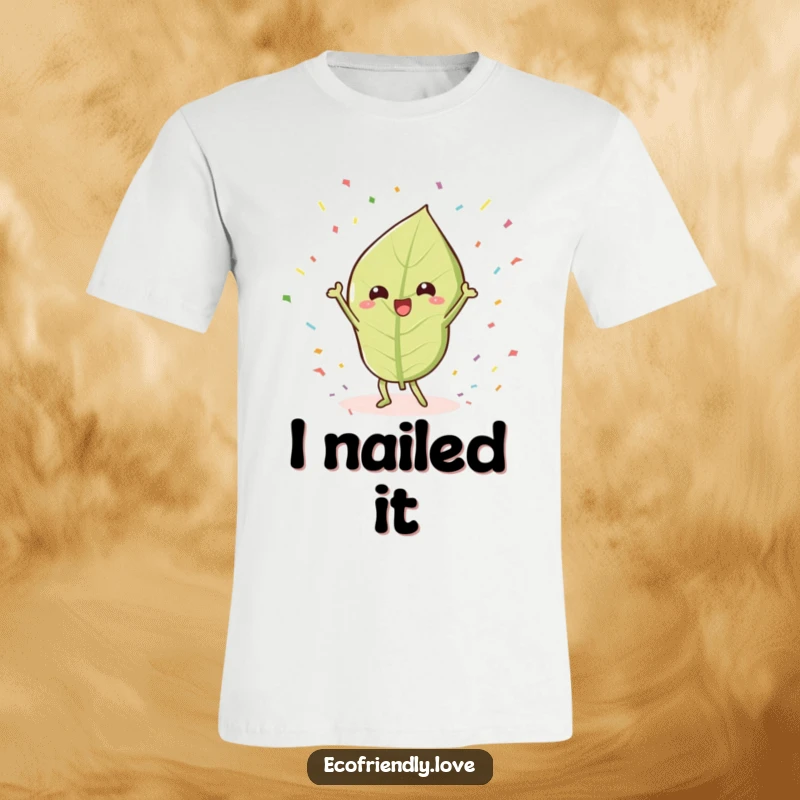 Funny Leaf T-Shirt: A kawaii leaf character humorously doing a victory dance amidst confetti, perfect for expressing joy.