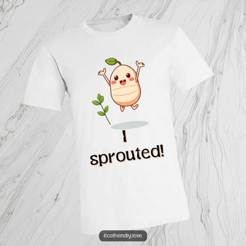 Funny Kawaii Seed T-Shirt: A cute seed character jumps triumphantly, with a tiny sprout emerging, symbolizing budding success.
