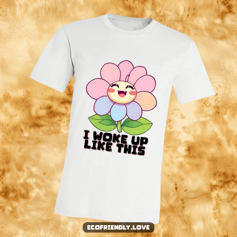 Funny Ecstatic Flower T-Shirt featuring a character with impossibly bright, happy petals in full, joyful bloom, spreading positivity.