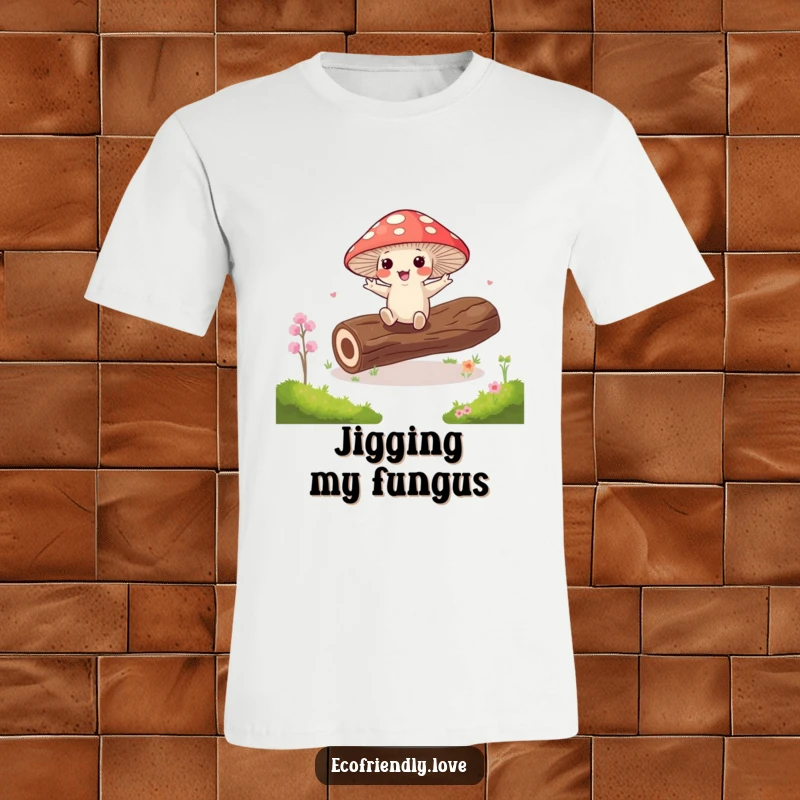 Funny kawaii mushroom dancing a jig on a mossy log on a t-shirt, ideal for humorous fun.