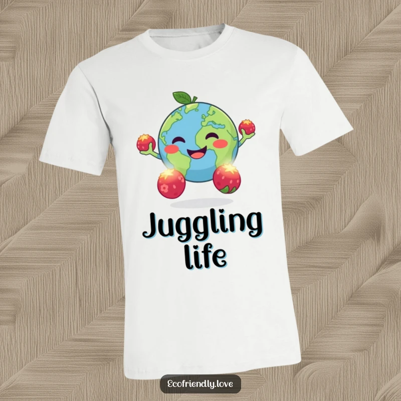Funny t-shirt depicting a cheerful, round planet Earth juggling three luminous berries, showcasing intergalactic entertainment and humor.