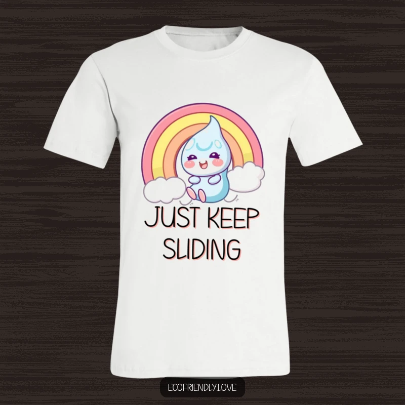 Funny T-Shirt with a smiling dewdrop character gleefully surfing down a bright rainbow, radiating pure happiness and adventure.