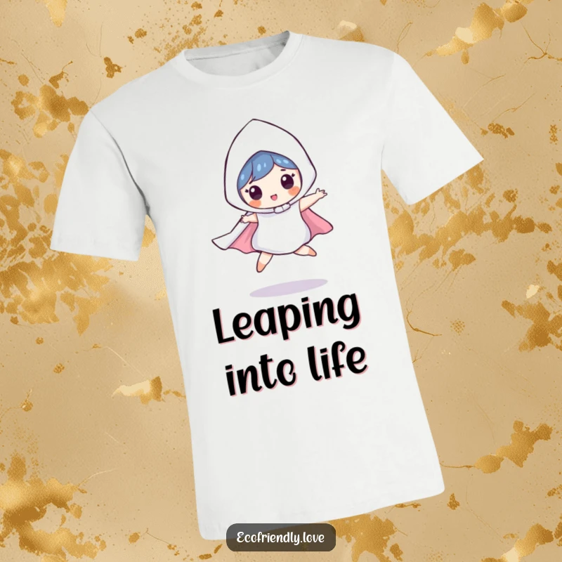 Funny t-shirt featuring a playful raindrop character wearing a cape, frozen in a dynamic mid-leap, embodying energetic fun and a heroic spirit.