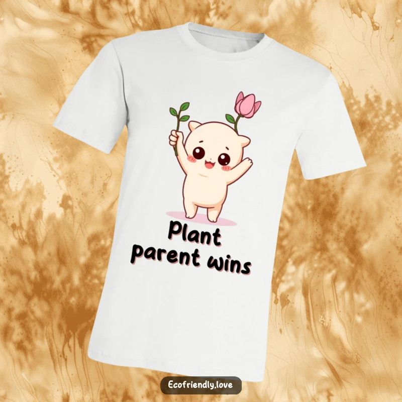 Funny kawaii character triumphantly holding a wilting, funny plant on a t-shirt, ideal for plant lovers.