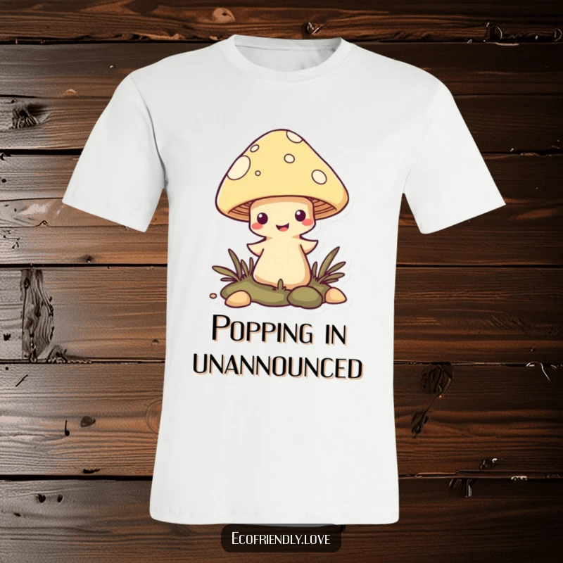 Funny Mushroom T-Shirt with a mischievous character comically popping up from the ground, perfect for outdoor lovers.