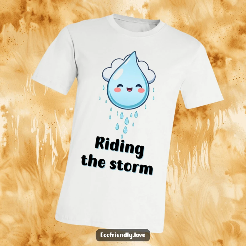 Funny water droplet character gleefully sliding down a rain cloud, printed on a soft and humorous t-shirt.
