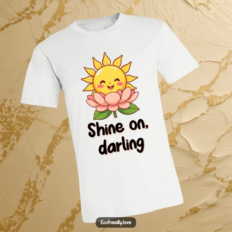 Funny smiling sun t-shirt featuring a joyful cartoon sun character shining brightly on a beautiful blooming flower, symbolizing warmth and growth.
