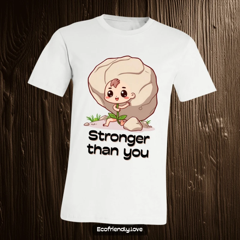 Funny Seedling T-Shirt: A determined kawaii seedling character humorously pushing a giant boulder, great for inspiring effort.