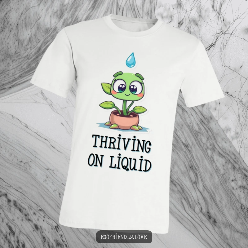 Funny t-shirt with a plant seedling character, huge wide eyes expressing awe, drinking a large water drop, symbolizing growth and delightful hydration.