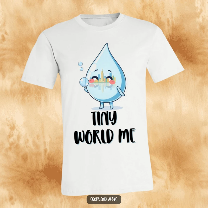 Funny water droplet character blowing a transparent bubble reflecting a detailed tiny cityscape, printed on a comfortable and funny t-shirt.