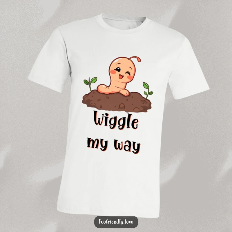Funny t-shirt depicting a joyous earthworm peeking its head out of the soil, with a wide, giggling smile.