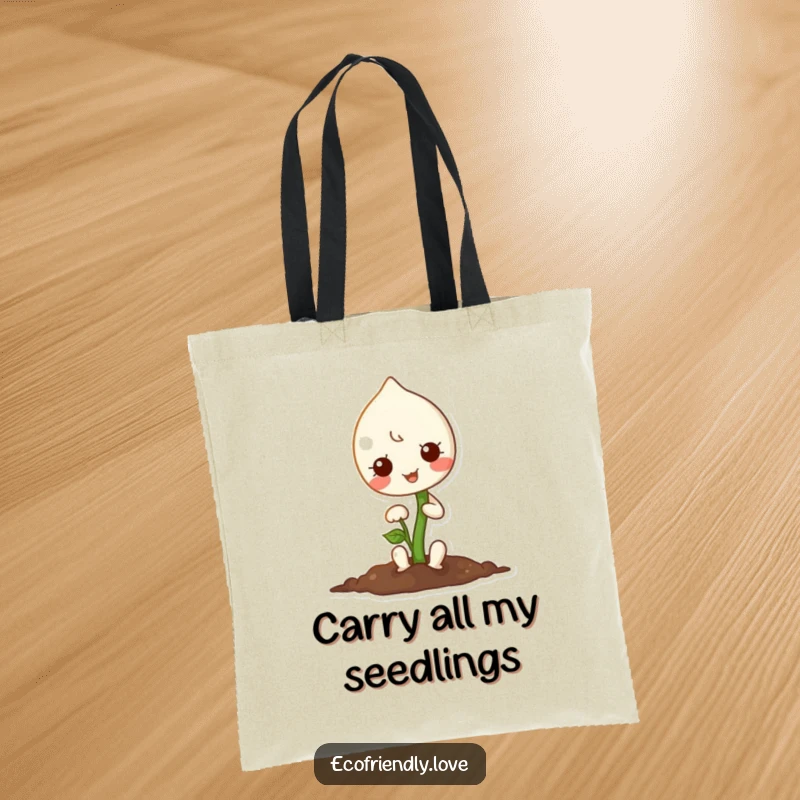 Funny tote bag depicting a cute kawaii sprout character happily planting a tiny seed, ideal for eco-conscious shoppers.