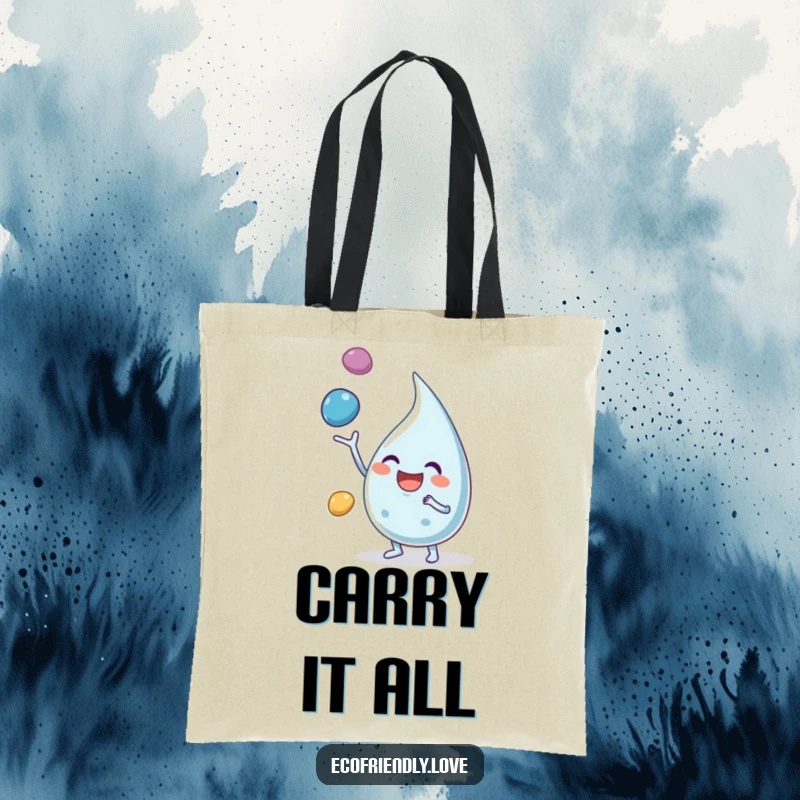 Funny tote bag showcasing a smiling water droplet character energetically juggling three colorful pebbles.