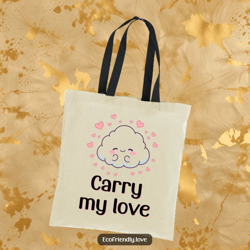 Funny tote bag depicting a cloud character playfully raining tiny hearts. A practical and loving gift.