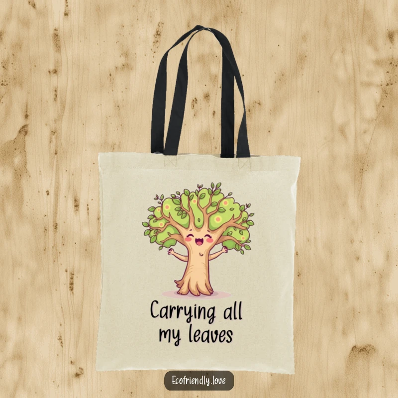Funny tote bag depicting a happy tree character performing a joyful dance, branches in full sway, perfect for eco-conscious shoppers seeking humor.