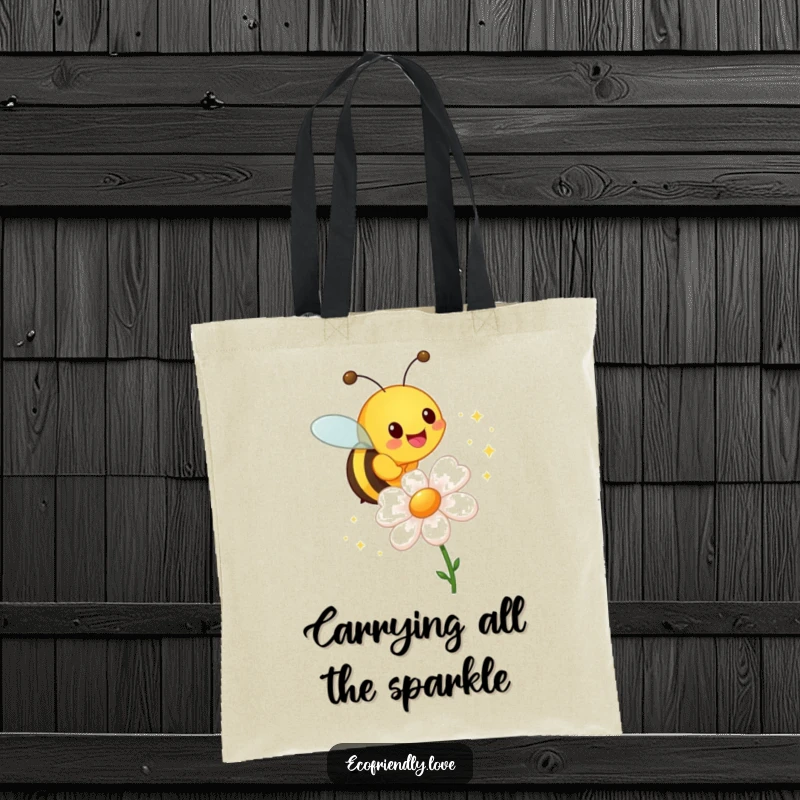 Funny tote bag with a cheerful bee character creating a sparkling trail around a beautiful flower.