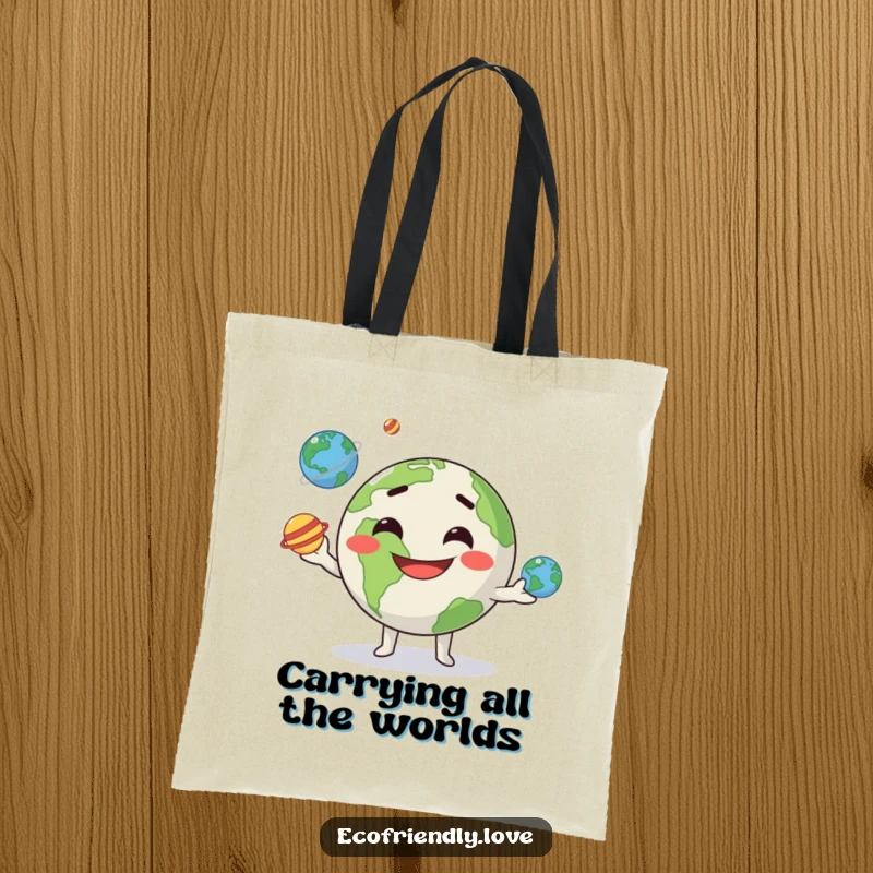 Funny kawaii Earth character with a goofy grin, juggling three small planets, printed on a durable and stylish tote bag.