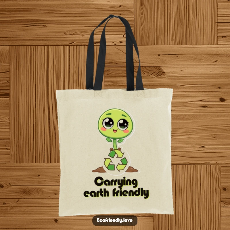 Funny sprout tote bag with a happy green sprout character and big eyes hopping over a recycling symbol, promoting sustainable living.
