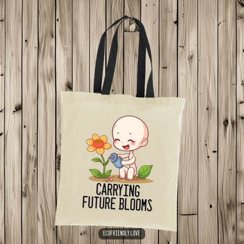 Funny sprout tote bag showing a tiny character giggling while watering a wilting flower, a practical funny gift.