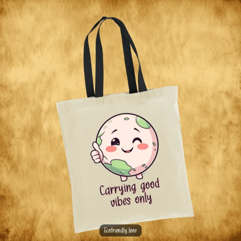 Funny tote bag depicting a cheerful planet character giving a prominent thumbs-up, ideal for carrying groceries with a humorous touch.