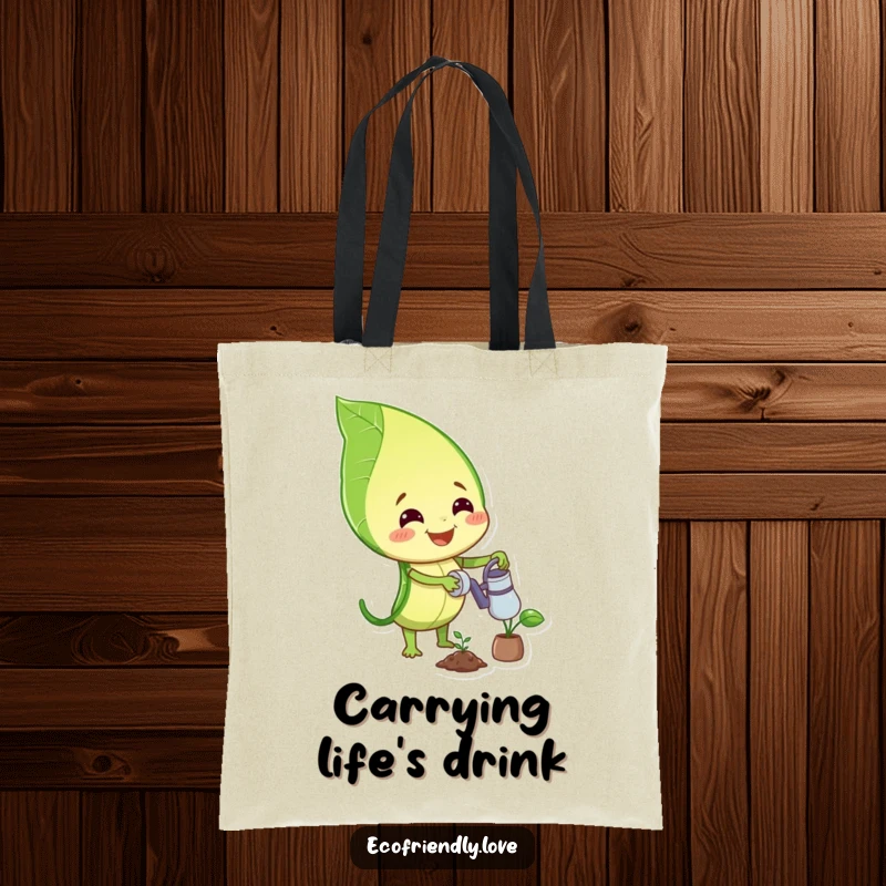 Funny tote bag featuring a smiling leaf character watering a small plant, perfect for eco-conscious and garden-loving individuals.