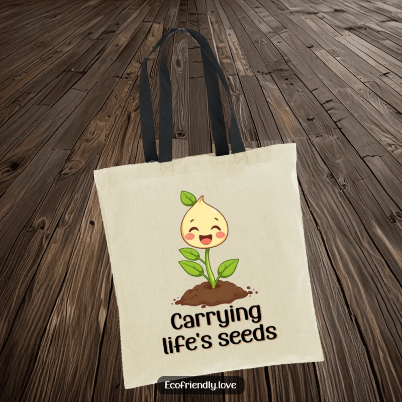 Funny tote bag decorated with a cute sprout character happily planting a seed, perfect for eco-conscious and cheerful shoppers.