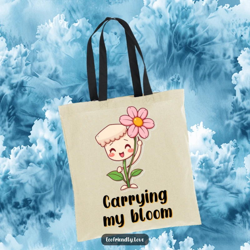Funny tote bag depicting a proud seedling character holding up a vibrant, blooming flower. A stylish and inspiring gift.