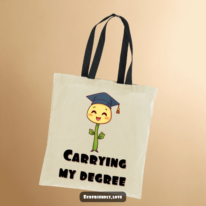 Funny sprout character wearing a graduation cap, standing tall and proud, printed on a stylish and funny tote bag.