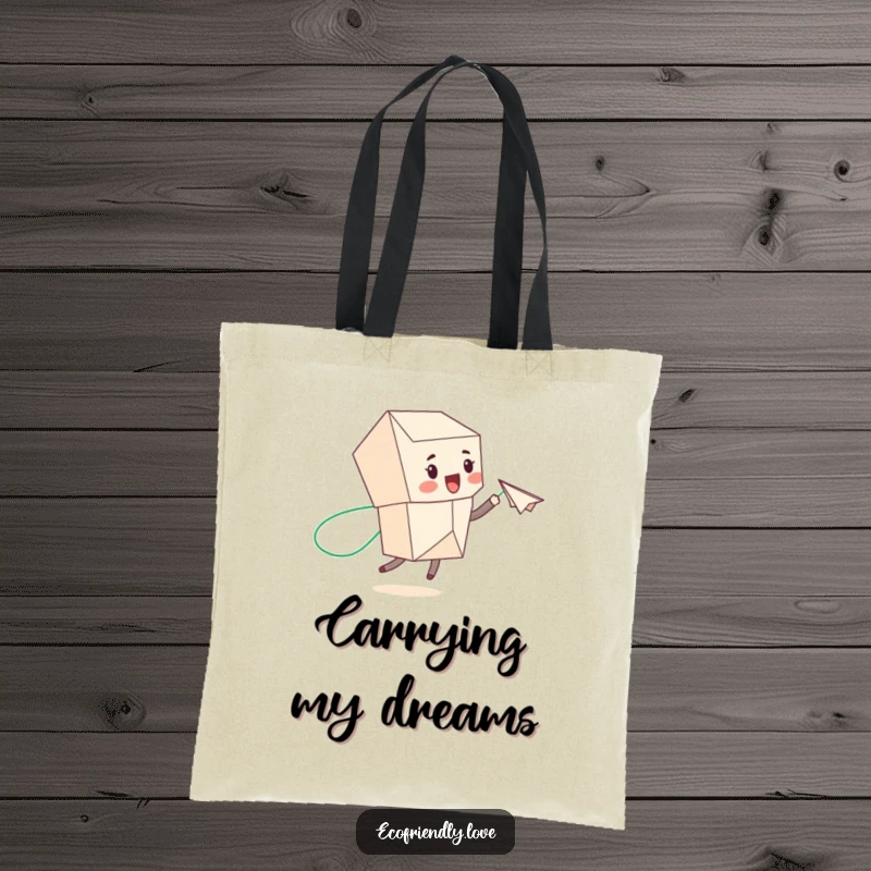 Funny cute recycled paper character with a paper airplane leaving a green trail, on a tote bag, perfect for eco-conscious shoppers.