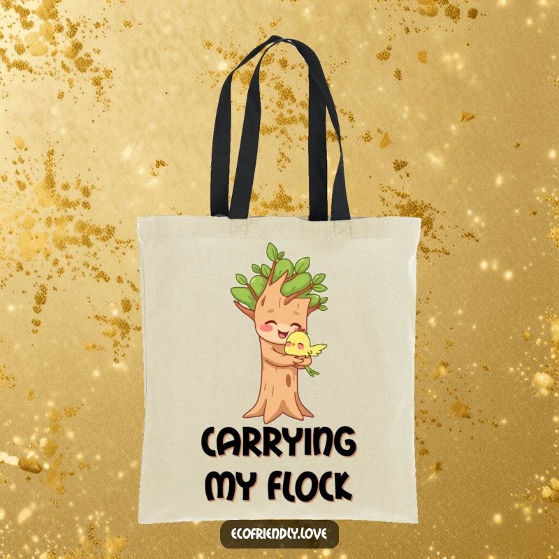 Funny tote bag featuring a joyful tree character hugging a small bird, symbolizing nature's kindness and friendship.