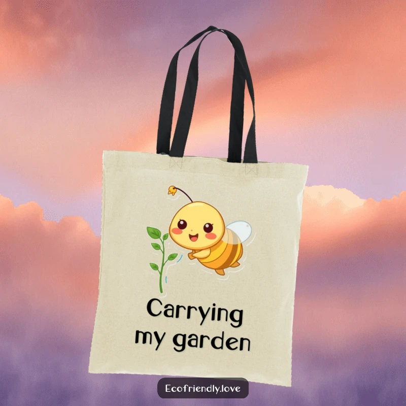 Funny tote bag with a cheerful bee character flying, carefully carrying a small plant sprout, perfect for everyday use.