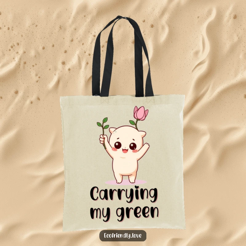 Funny kawaii character triumphantly holding a wilting, funny plant on a tote bag, a humorous accessory.